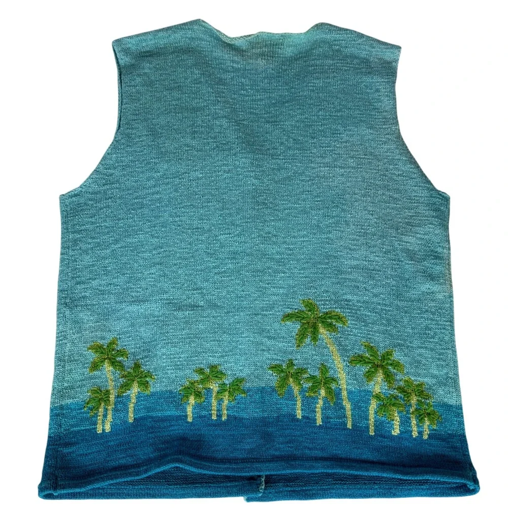 Northern Isles Flamingo Palm Tree Tropical Knit Sweater Vest Blue Womens Medium